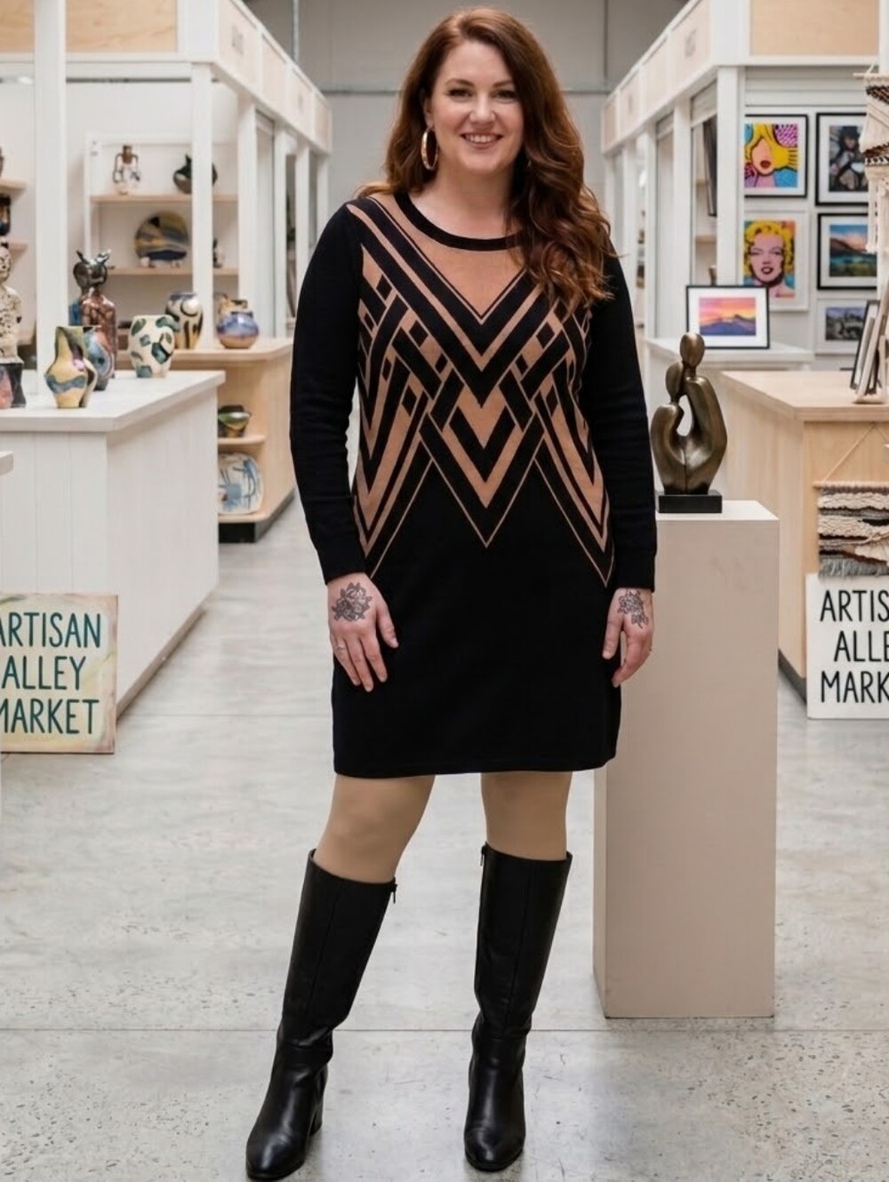 MOSSINO💓COTTON/RAYON Long-Sleeve KNIT Black Dress with Tan Geometric Front SzXL